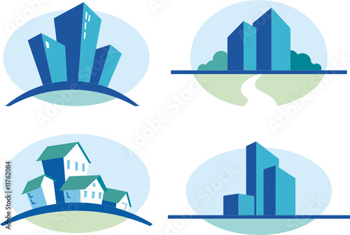 Set of four blue urban icons