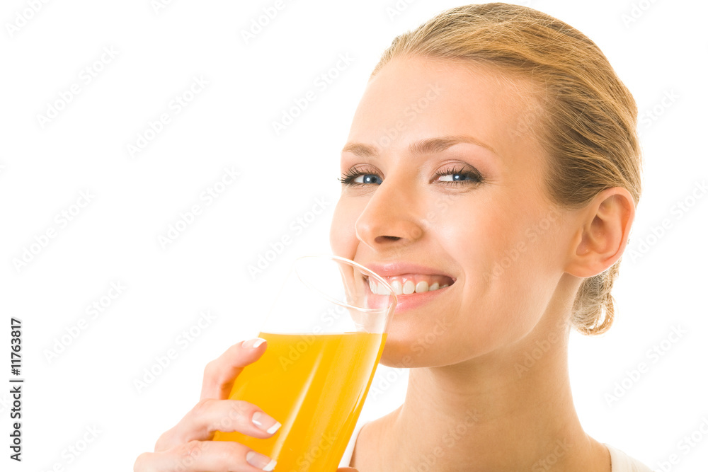 Portrait of young woman drinking juice, isolated on white Portrait of young woman drinking juice, isolated on white