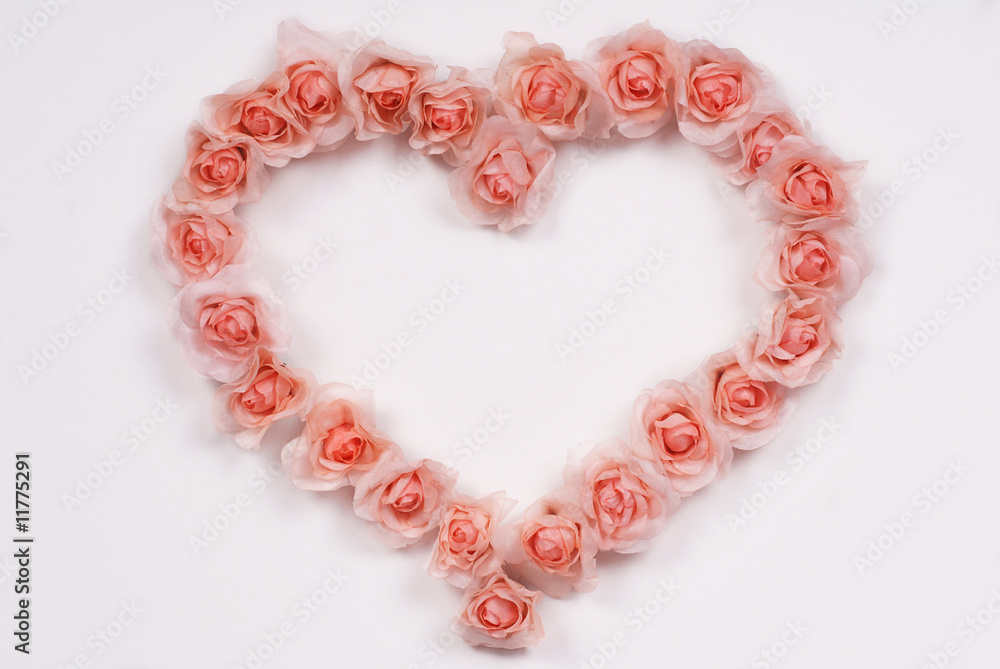 Heart of pink, silk roses on white background, copy space and room for text.