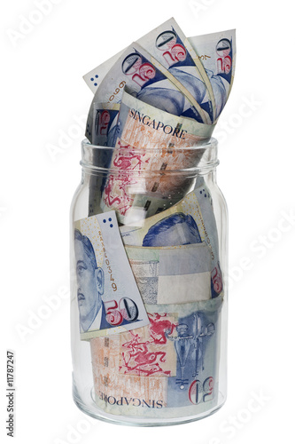 Singapore dollar in a jar isolated on white background
