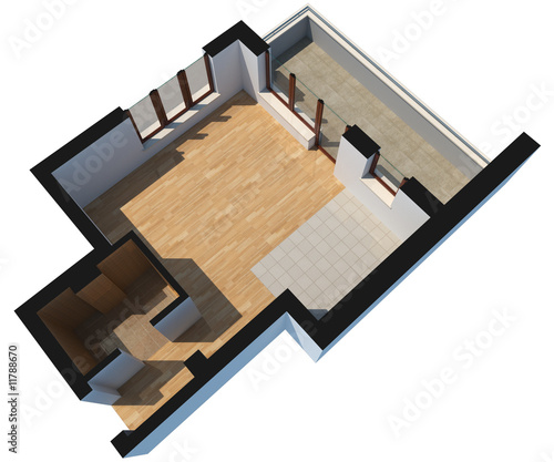 3D sectioned empty apartment with clipping path