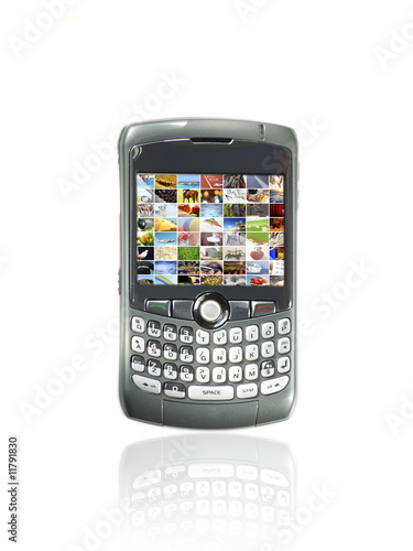 Modern mobile phone with photo on display