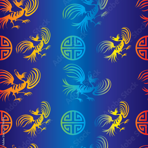 Seamless chinese dragon-bird pattern on blue background