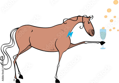 Cheval Alezan buvant une flûte de champagne