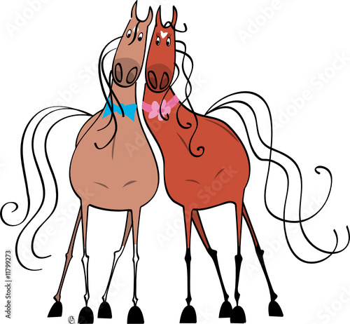 Couple de chevaux amoureux, cheval alezan et jument baie photo
