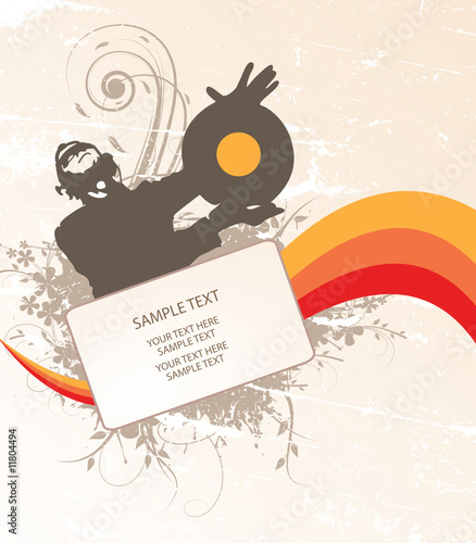 dj in headphones twists a plate on floral retro background