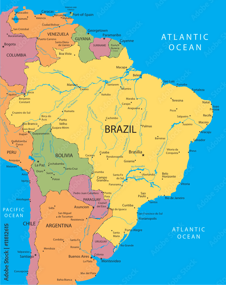 Brazil vector map with the main cities.