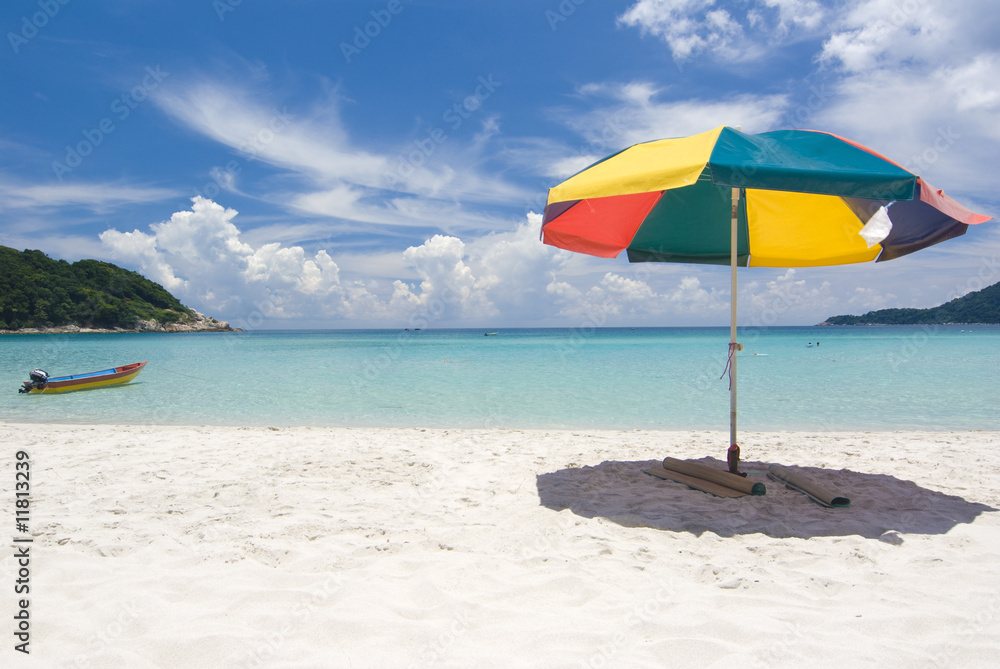 beach with umbrella, perhentian islands, malaysia