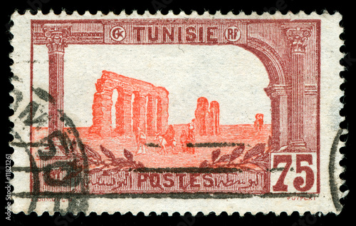 vintage stamp from Tunisia depicting Roman ruins of Carthage