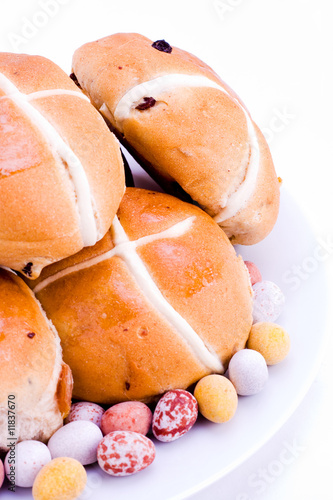 Hot cross buns with easter eggs
