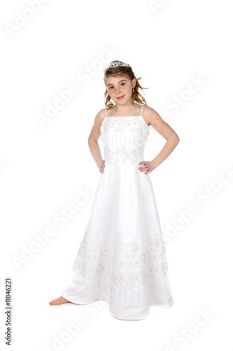 girl dressed in white bridesmaid or princess dress