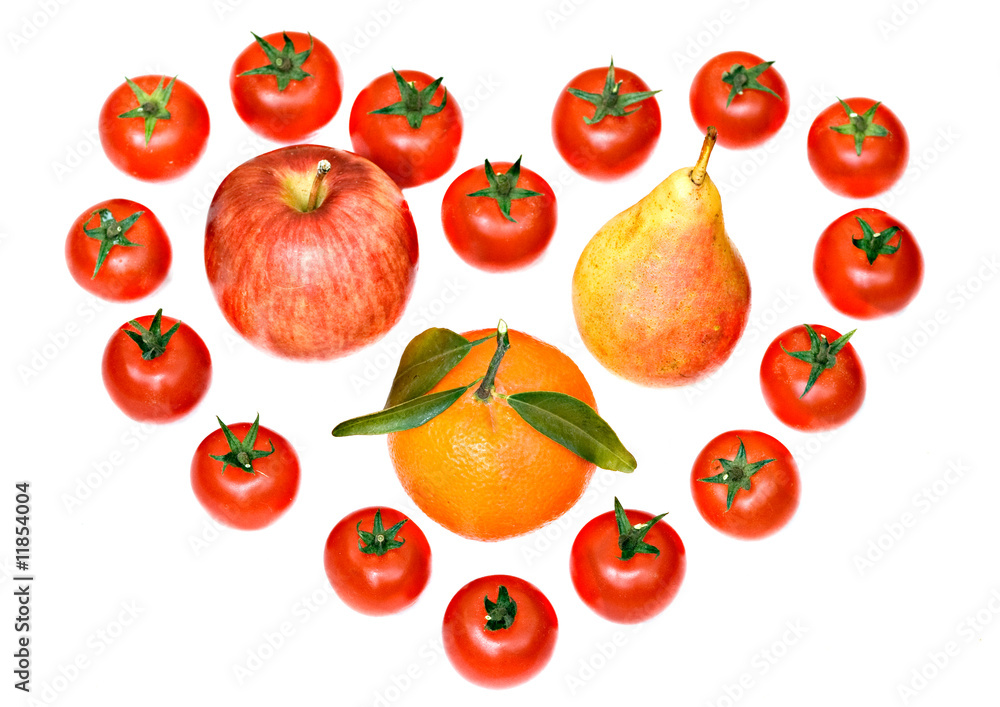 Composition consisting of tomatoes, tangerine, pear and apple sy Composition consisting of tomatoes, tangerine, pear and apple sy