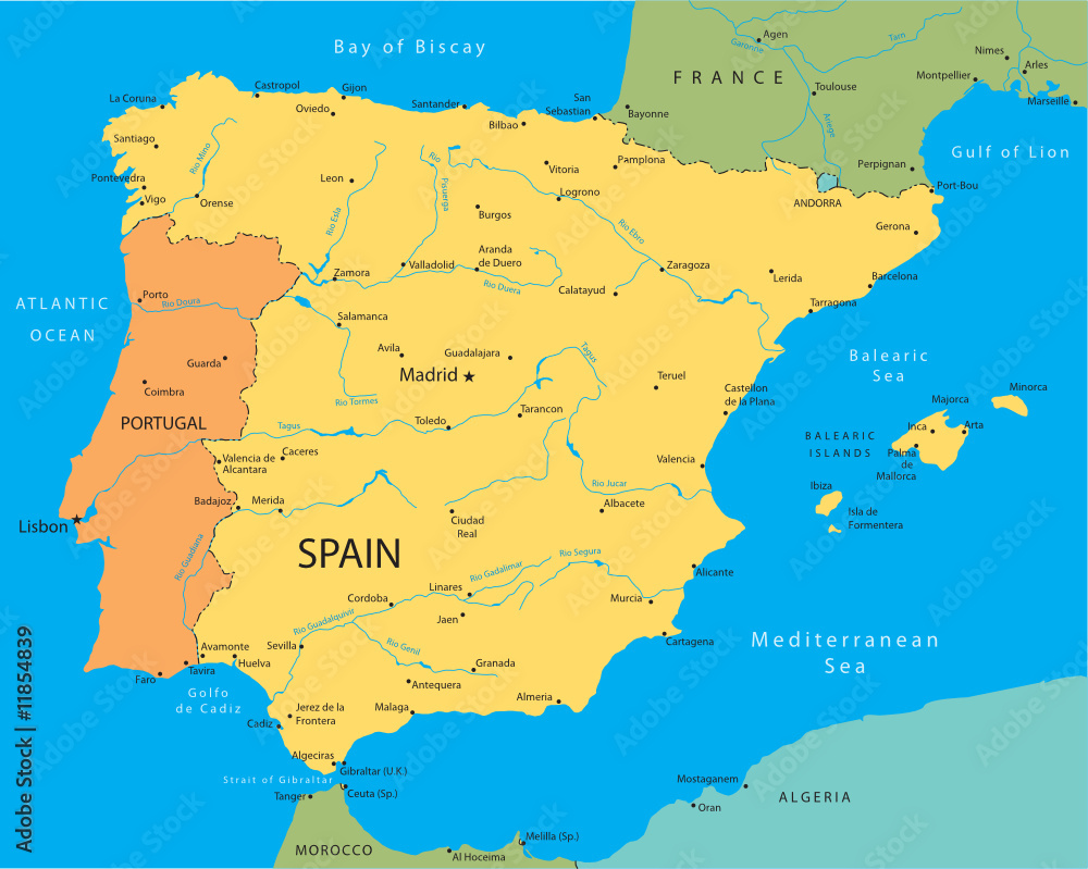 Fototapeta premium Vector map of Spain and Portugal