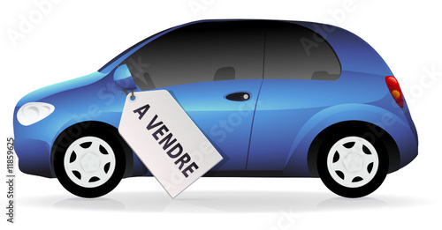 Voiture bleu et étiquette à vendre (reflet)