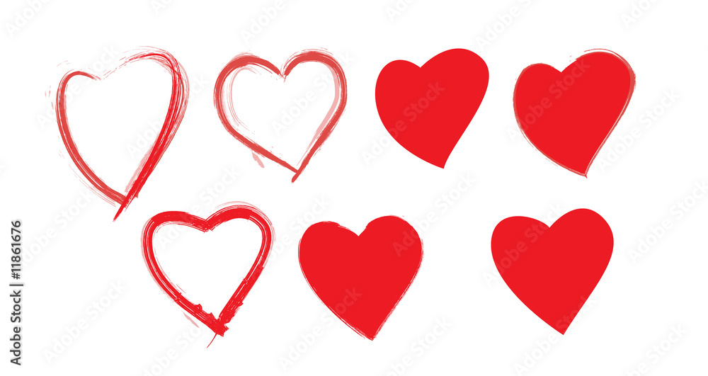 valentine illustration of five abstract hearts with grunge