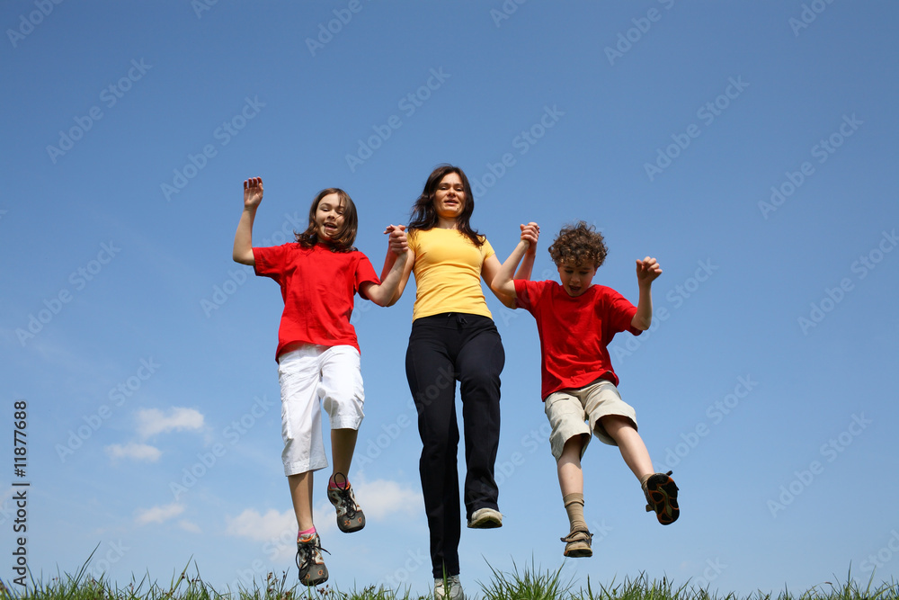 Mother with kids running outdoor Mother with kids running outdoor