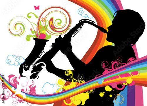 Swirling sainbow illustration with saxophonist