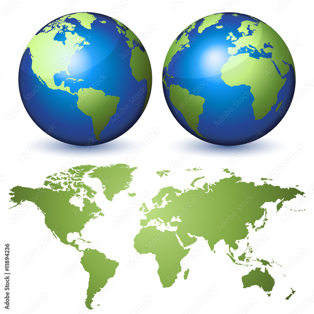 Two globes representing the Earth and a planisphere Two globes representing the Earth and a planisphere