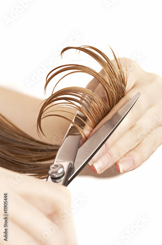hair stylist cutting wet hair with professional scissors