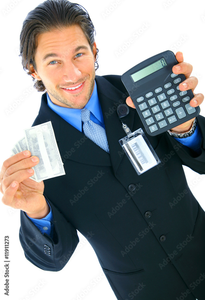 Young Caucasian Businessman Holding Money And Calculator Young Caucasian Businessman Holding Money And Calculator