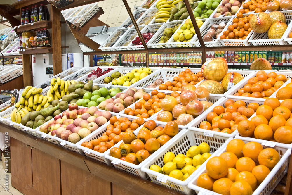 A shot of fruit and vegetables section in a grocery store