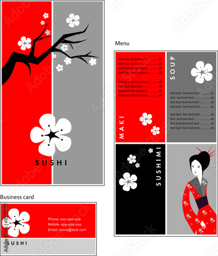 Template designs of menu and business card for sushi bar