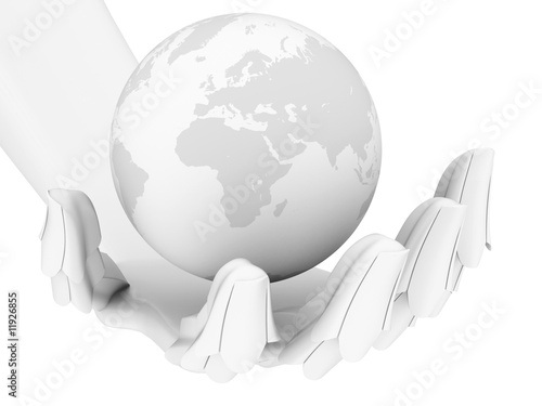 3d robotic hand holding earth globe isolated on white