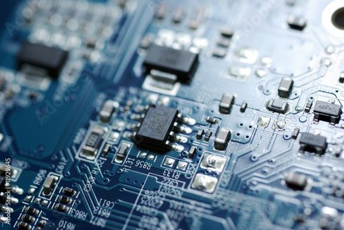 Printed circuit board macro blue motherboard microchip hardware technology background tehnology circut