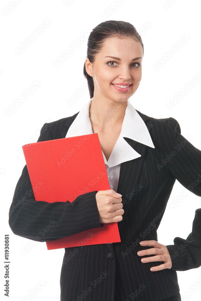 Young happy businesswoman with red folder, isolated