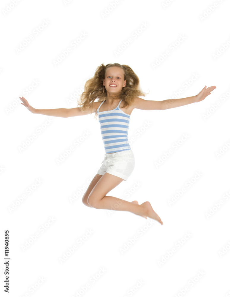 Pretty teenage girl jump and hands up