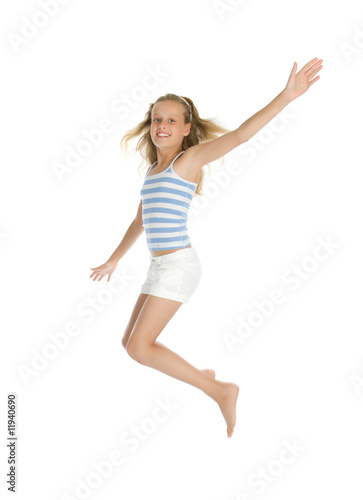 Pretty teenage girl jump and hands up