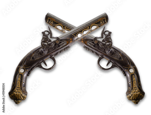 Obraz na plátne Old flintlock pistols isolated on white background