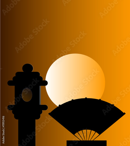 Oriental sunset with fan and stone lantern