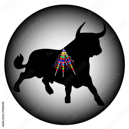 bull with banderillas on a grey gradient circle
