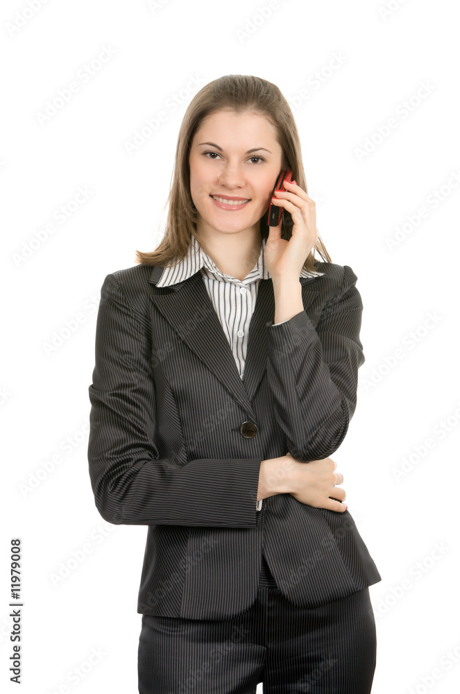 Friendly businesswoman talking on the phone. Isolated on white Friendly businesswoman talking on the phone. Isolated on white