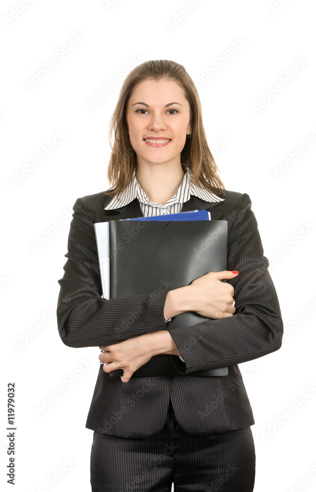 Friendly businesswoman with folders. Isolated on white Friendly businesswoman with folders. Isolated on white