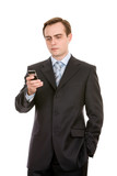 Young businessman with a mobile phone. Isolated on white.