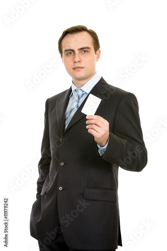 Business with a business card. Isolated on white.