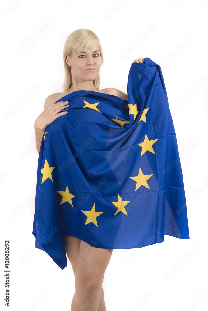 blonde woman with european flag blonde woman with european flag