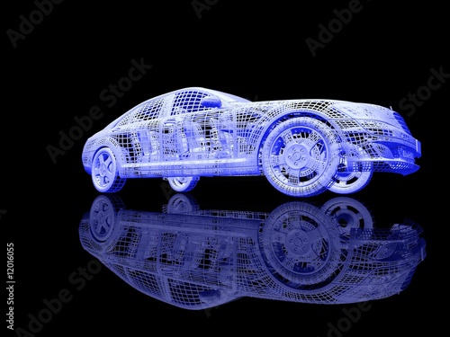 Car model on black background with reflection