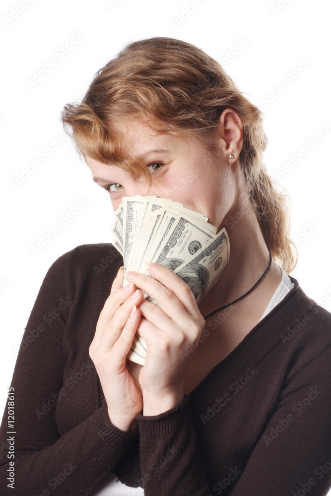 .Beautiful business woman holding money and smiling .Beautiful business woman holding money and smiling