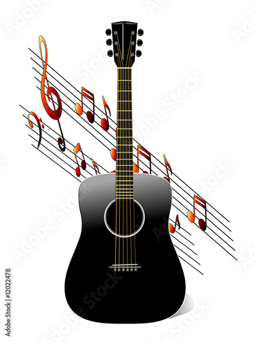 Black Acoustic Guitar with music notes on white