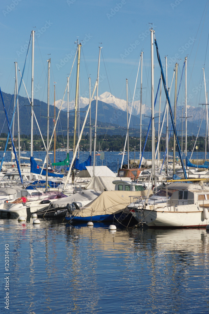 Yachts on Geneva Lake with Mont Blanc