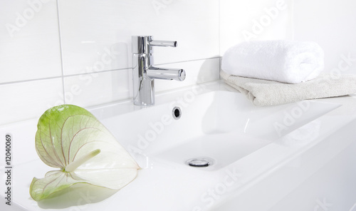 Waschbecken mit Armatur - Handtuch und Blume -Anthurien