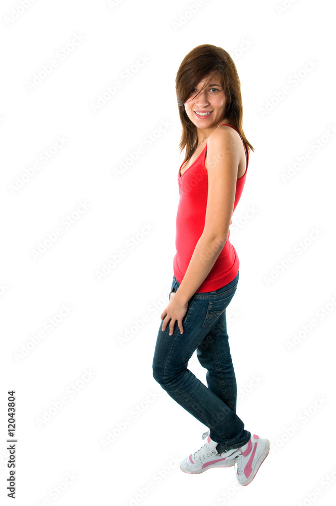 Happy teenager girl on white