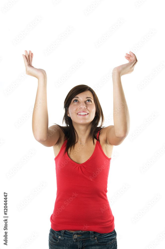 Young pretty woman holding something - space for you Young pretty woman holding something - space for you