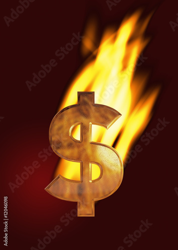 Golden dollar sign surrounded by flames