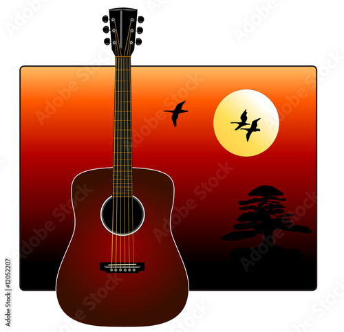 Realistic Guitar overlapping Golden Sunset