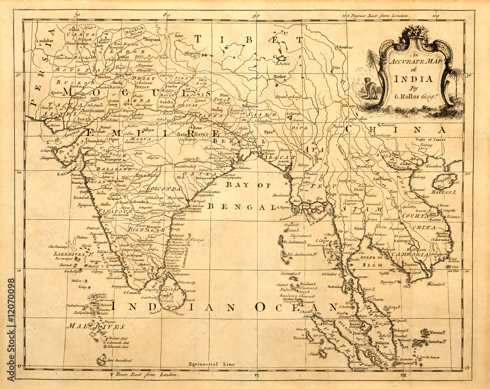 Vintage map of India and Southeast Asia, printed in 1750.