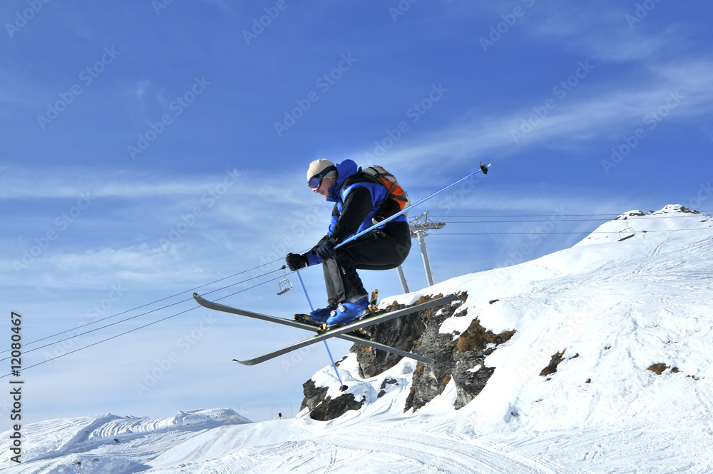 Airoski: skier performing a long jump